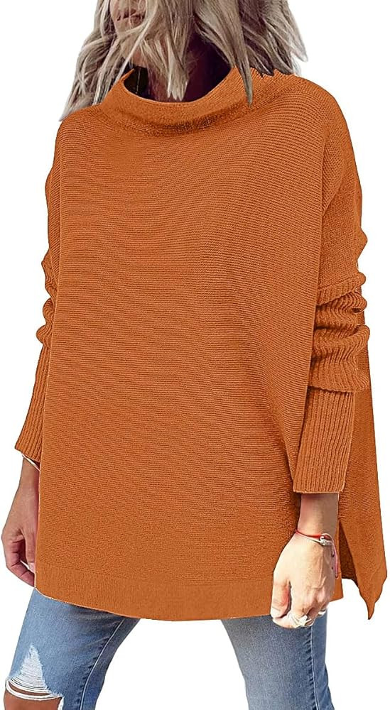 LILLUSORY Women's Mock Turtleneck Sweater Long Batwing Sleeve Split Hem Casual Oversized Knit Pul... | Amazon (US)