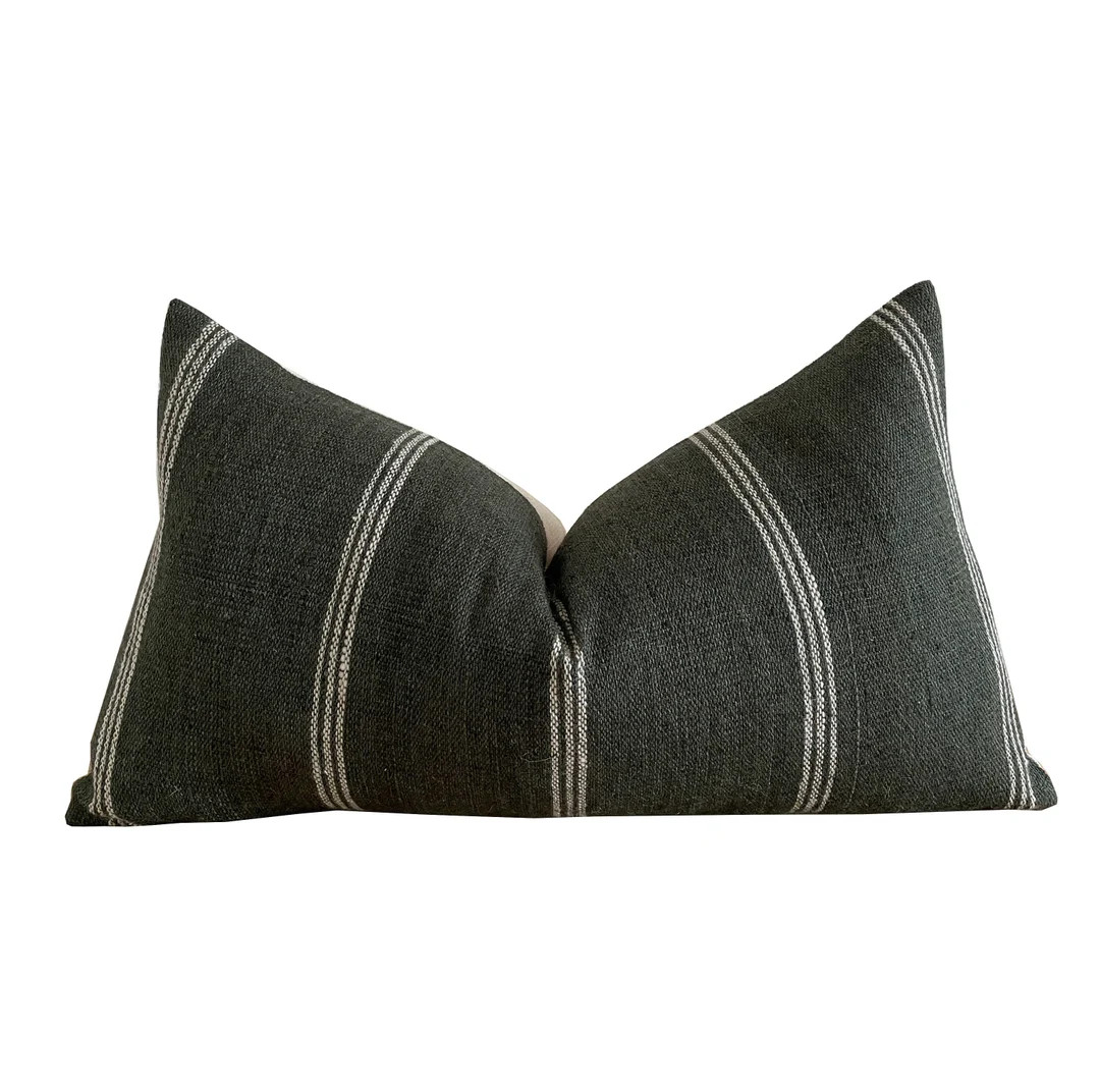 Dark Green gray Stripe Wool Lumbar Pillow Cover Designer - Etsy | Etsy (US)