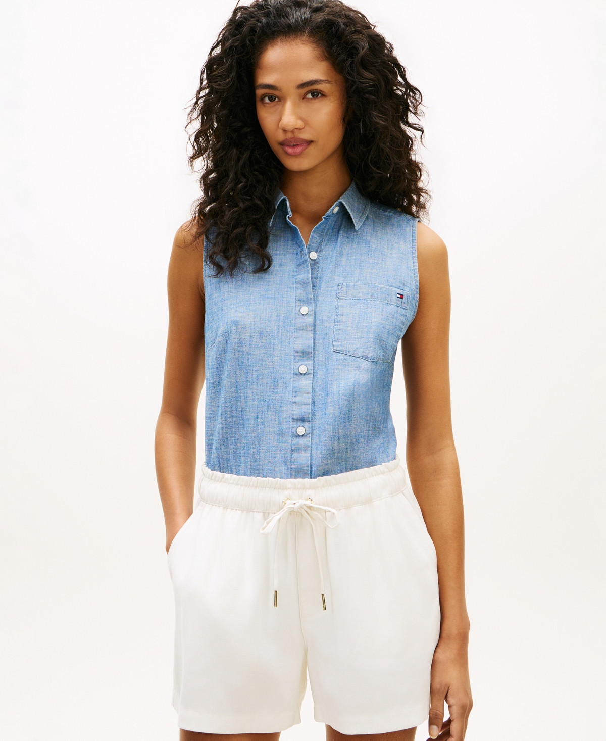 Tommy Hilfiger Women's Collared Sleeveless Shirt - Mid Blue | Macy's