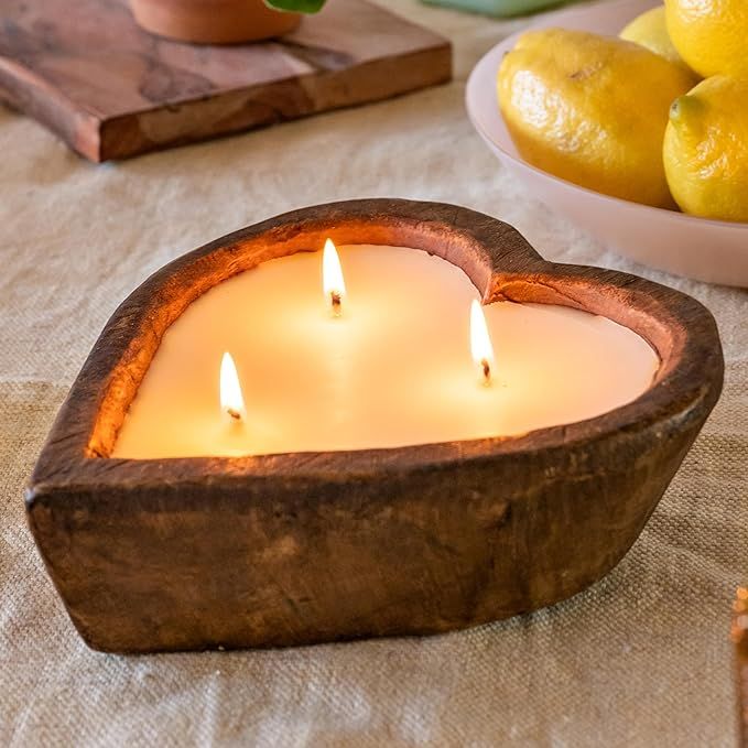 Wooden Dough Bowl Candles 6 Inch Heart, Soy Candle, 3 Wick Dough Bowl Candles Table, Wooden Bowl ... | Amazon (US)