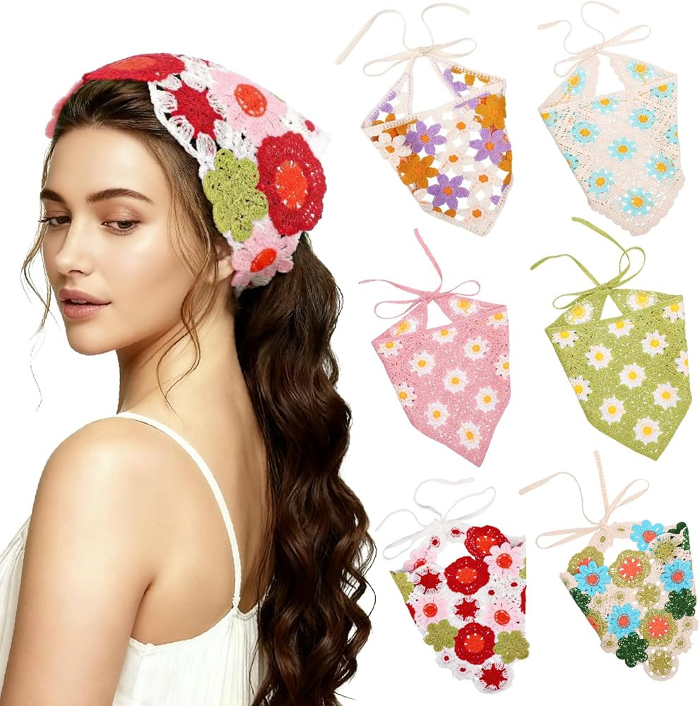 6 Pcs Crochet Bandanas for Women, Girls Headscarf Cute Flowers Hairbands Pink Knitted Headscarf G... | Amazon (US)