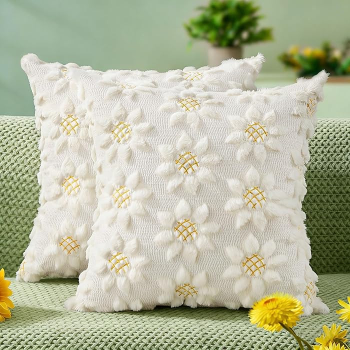 DFXSZ Spring Summer Pillow Covers 18x18 inch Set of 2 Farmhouse Decor Yellow Color Flower Heart S... | Amazon (US)