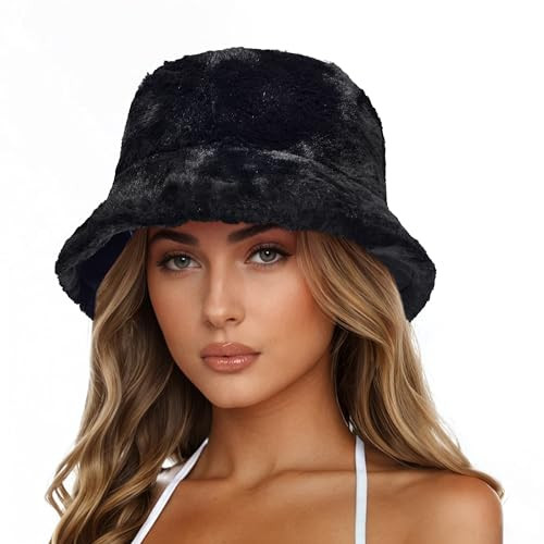 Century Star Fuzzy Bucket Hat for Women Winter Warm Furry Fur Fluffy Fisherman Cap Men Faux Fur Soft Cute Bucket Hat Black One Size | Amazon (US)