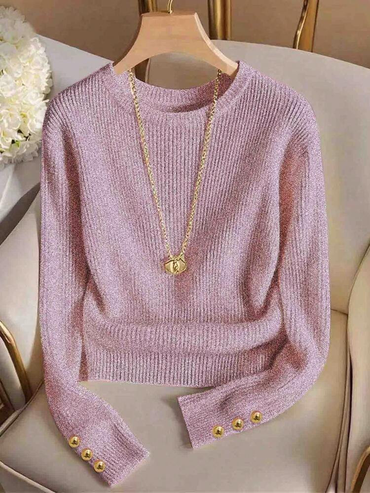 Franclia Plus Size Elegant Round Neck Knit T-Shirt, Minimalist Fashion Knit Top, Autumn/Winter | SHEIN