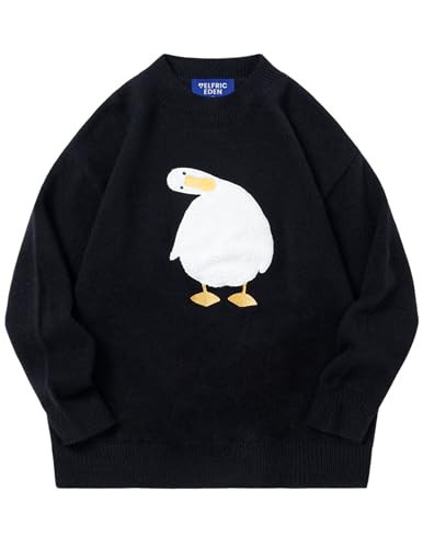 Aelfric Eden Womens Oversized Sweaters Loose Fashion Grapic Casual Long Sleeve Crewneck Knitted Jumper Duck Print Pullover Sweater Black M | Amazon (US)