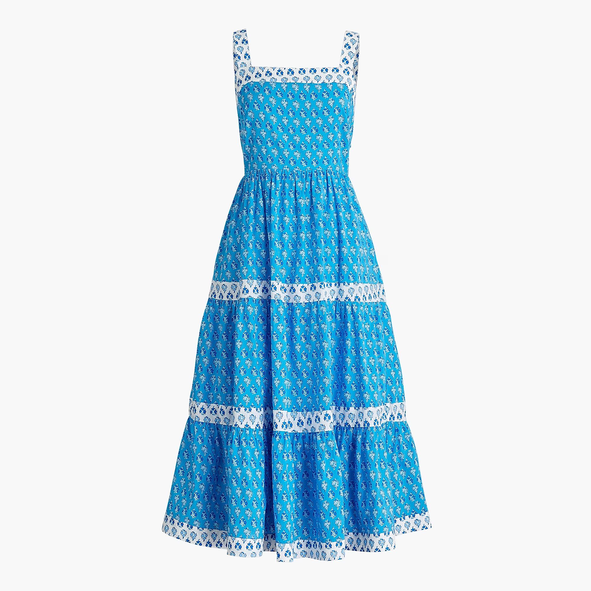 Block-print squareneck tiered midi dress | J.Crew Factory