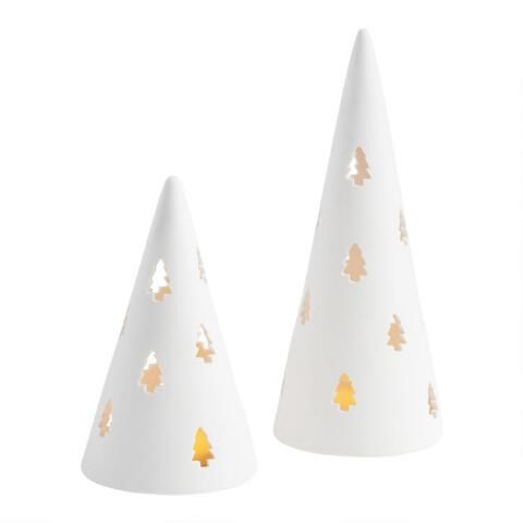 White Ceramic Conical Tree Hurricane Candle Holder | World Market