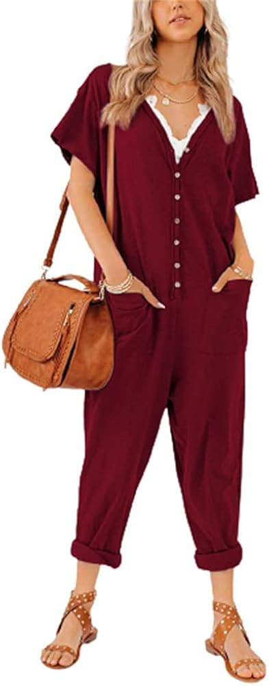 Aoysky Oversize Women's Onesies Button Up Jumpsuit Casual Loose Short Sleeve V Neck Onesies Rompers  | Amazon (US)