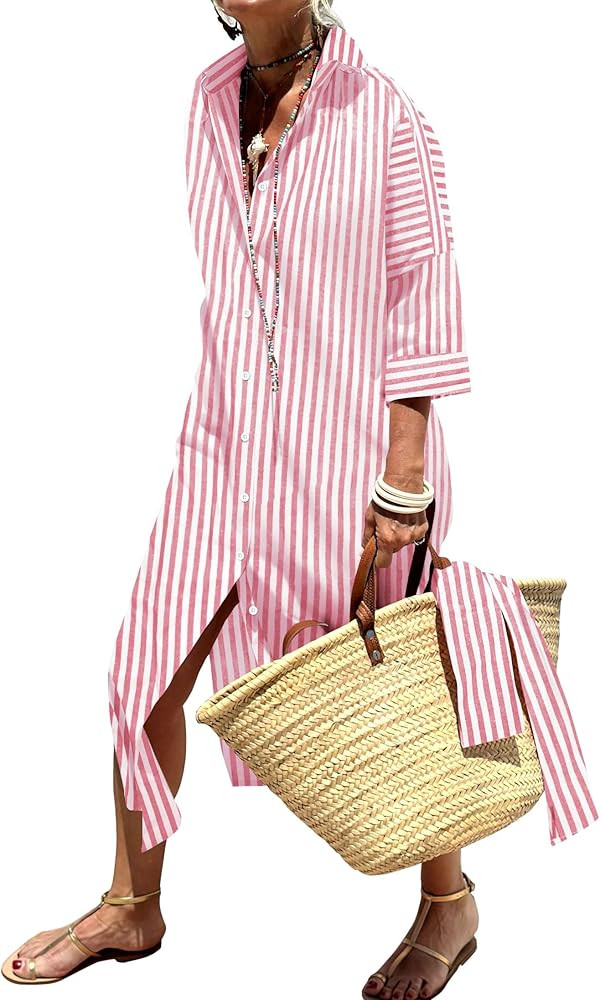 Womens Shirt Dresses Striped Lapel 3/4 Sleeve Maxi Dress Button Down Split Belted | Amazon (US)