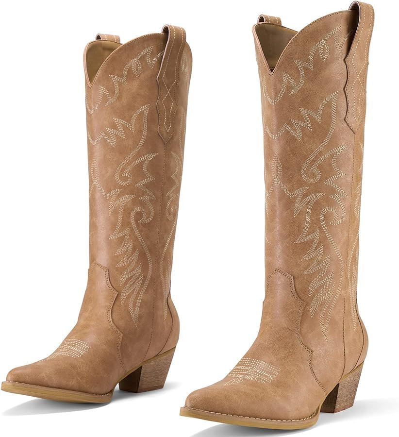 Rollda Cowboy Boots for Women Embroidered Cowgirl Boots Knee-High Western Boots with Chunky Heel | Amazon (US)