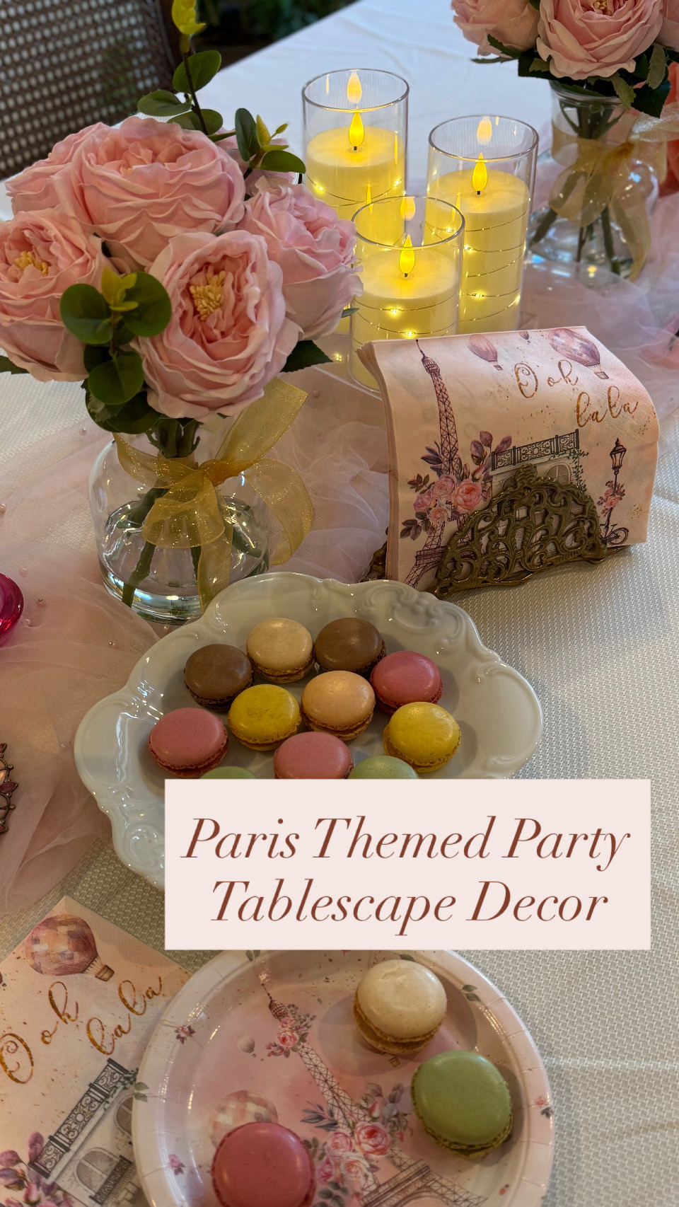 Create a chic Paris themed tablescape for your next event - perfect decor for a birthday party or wedding shower. I added some macarons from a local bakery which are not only delicious, but add to the theme and decor. The plates and napkins are so cute and also come with disposable coffee cups and pink plastic forks, knives and spoons. The pink tulle table runner has little pink pearls giving a touch of glam. The faux pink roses are beautiful- I bought 2. They come in the vase - I added a ribbon to each vase.

#LTKdayinmylife #LTKHome
