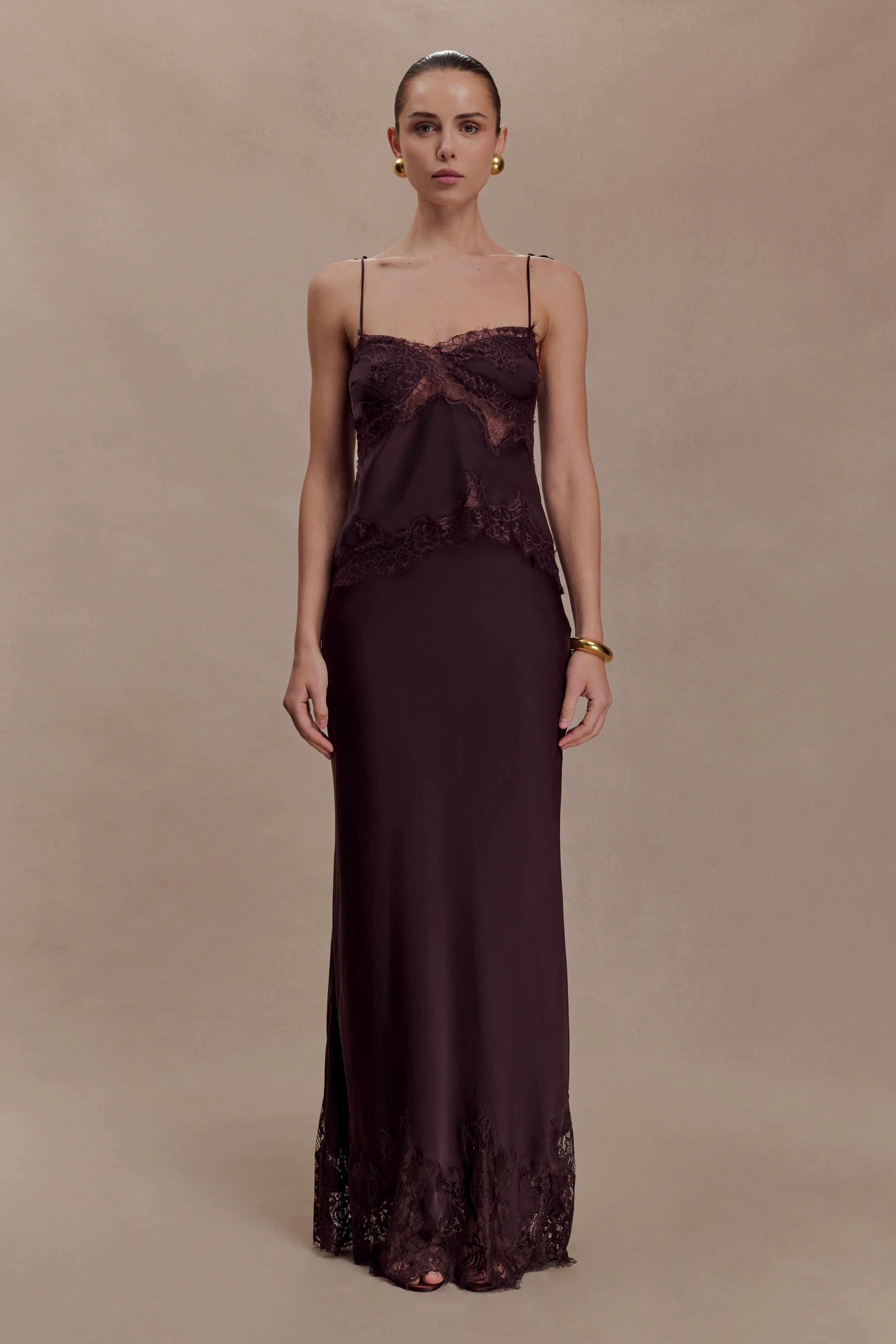 Satin And Lace Maxi Skirt - Chocolate | MESHKI US