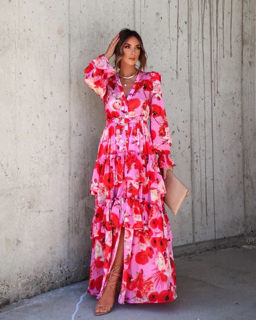 Mon Cheri Floral Chiffon Tiered Belted Maxi Dress | VICI Collection