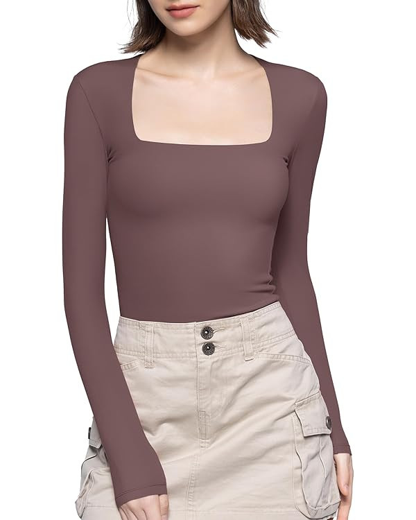 PUMIEY Women's Square Neck Long Sleeve T Shirts Slim Fit Tops Basic Tee Smoke Cloud Pro Collectio... | Amazon (US)