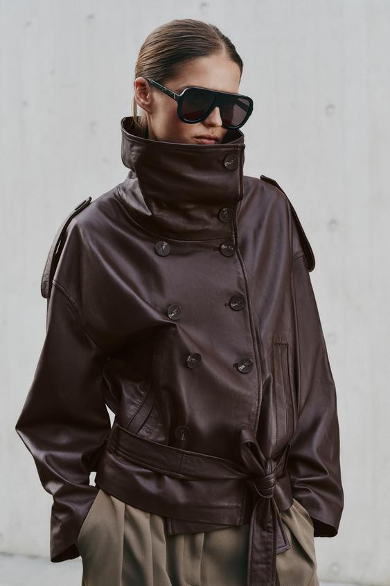 Zara - Faux Leather Belted Jacket - Dark Eggplant - Xs - Woman | Zara US