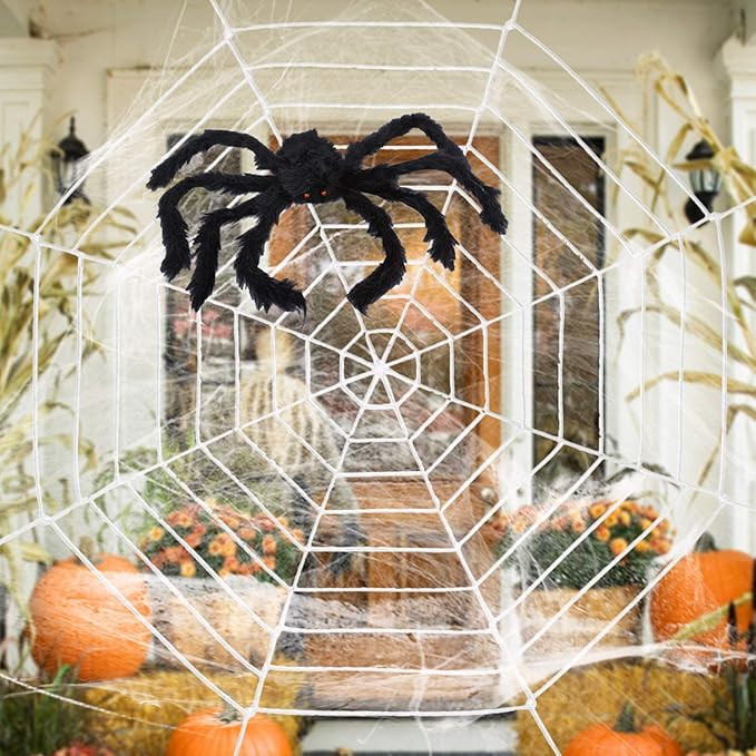 ESSENSON Halloween Decorations - 12 FT Giant Round Spider Web and Fake Large Hairy Spider Props S... | Amazon (US)