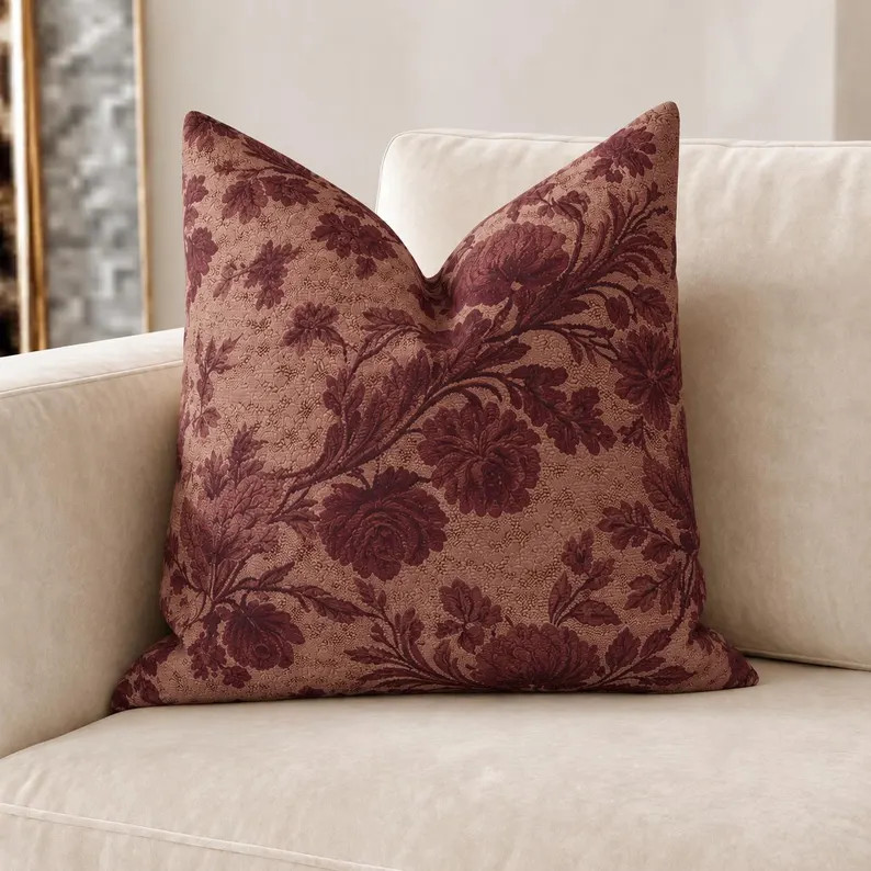 Burgundy Floral Print Moody Botanical Pillowcase | Etsy (Global)