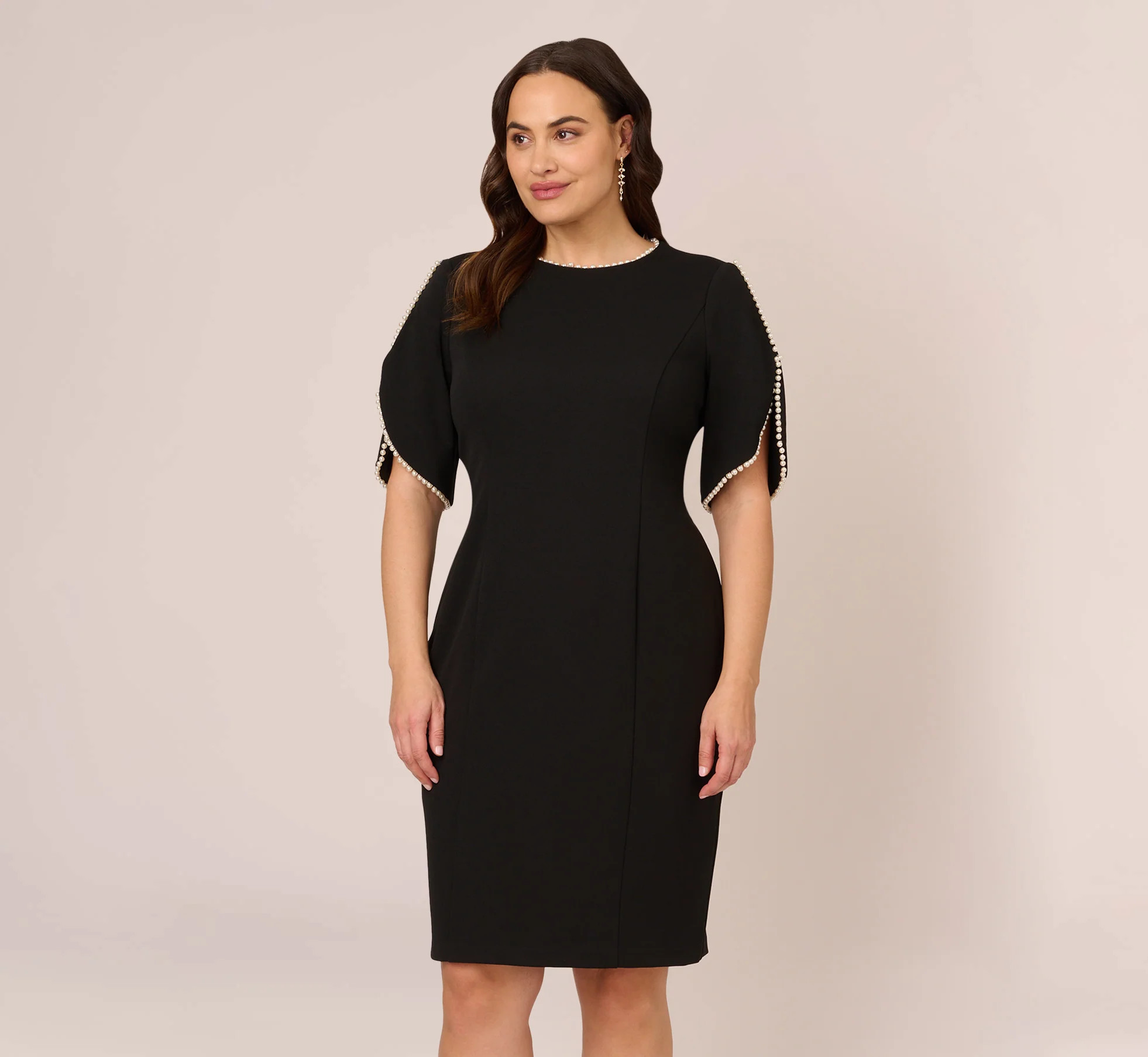 Plus Size Crepe Midi Length Sheath Dress With Pearl Trimmed Sleeves In | Adrianna Papell