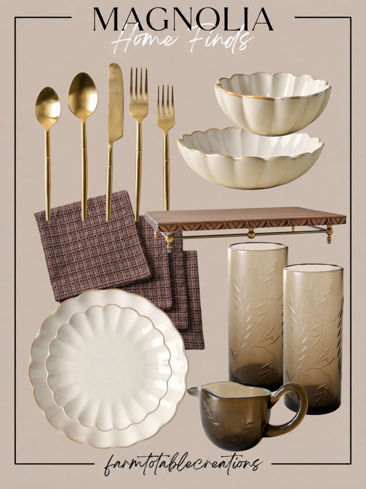 Magnolia Tabletop Finds 🤎✨

Magnolia’s tabletop collection is giving timeless elegance with the prettiest warm, collected details. The creamy scalloped dinnerware paired with brushed gold flatware, rich plaid linens and smoky etched glassware creates a table that feels elevated without being overly formal.

Follow @farmtotablecreations on Instagram for more cozy home finds and trending decor.

These pieces would be beautiful for everyday dining but especially gorgeous heading into fall entertaining and Thanksgiving. I love the mix of delicate scalloped edges with the deeper brown tones and warm brass—it’s classic, cozy and perfect for creating a layered seasonal tablescape.

#LTKHome #MagnoliaHome #MagnoliaFinds #TabletopDecor #Tablescape #FallTablescape #ThanksgivingTable #FallEntertaining #Dinnerware #TableSetting #CozyHome #FallHome #HomeDecor #EntertainingAtHome #HomeInspo

#LTKHome