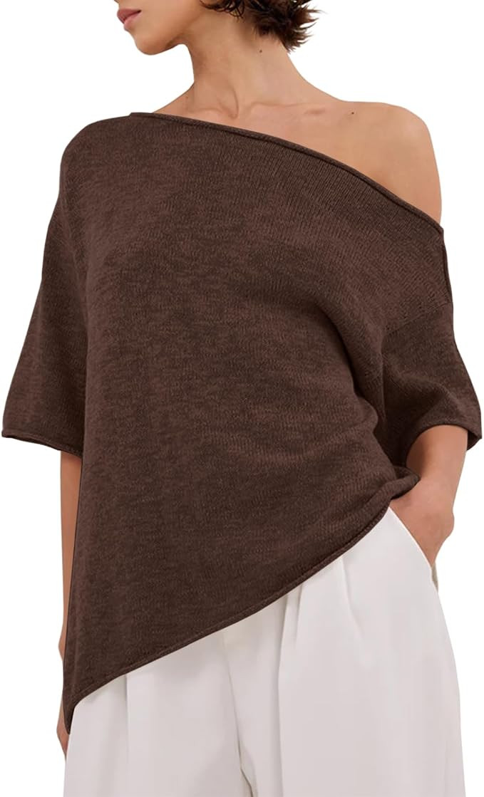 Womens Off The Shoulder Knit Tops Summer Short Sleeve Roll Hem Asymmetrical Linen T Shirts 2026 | Amazon (US)