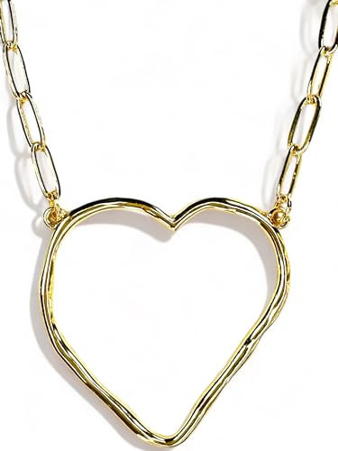 Gold Heart Necklace 18k - Large Hammered Open Irregular Heart Chain Statement Necklace (Heart) | Amazon (US)