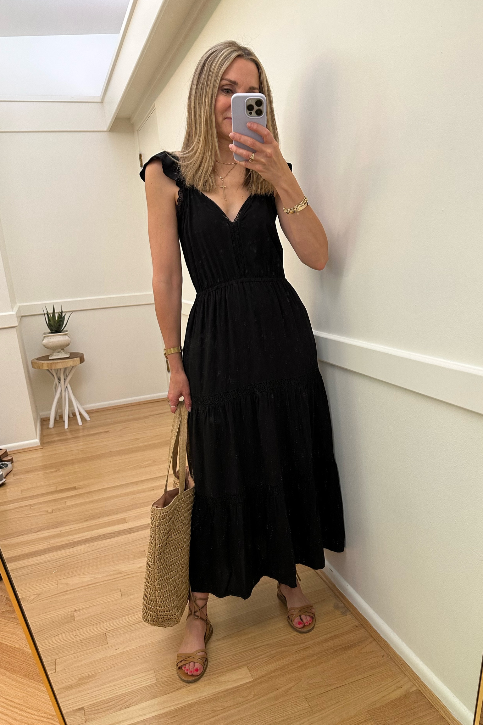 Black midi dress, wearing xs. Use code LASTSEEN10  Gibson look, kohls straw tote, madewell ankle wrap sandals, lace up sandals, casual dress, summer dress, vacation dress, wedding guest dress, workwear 

#LTKwedding #LTKunder100 #LTKsalealert