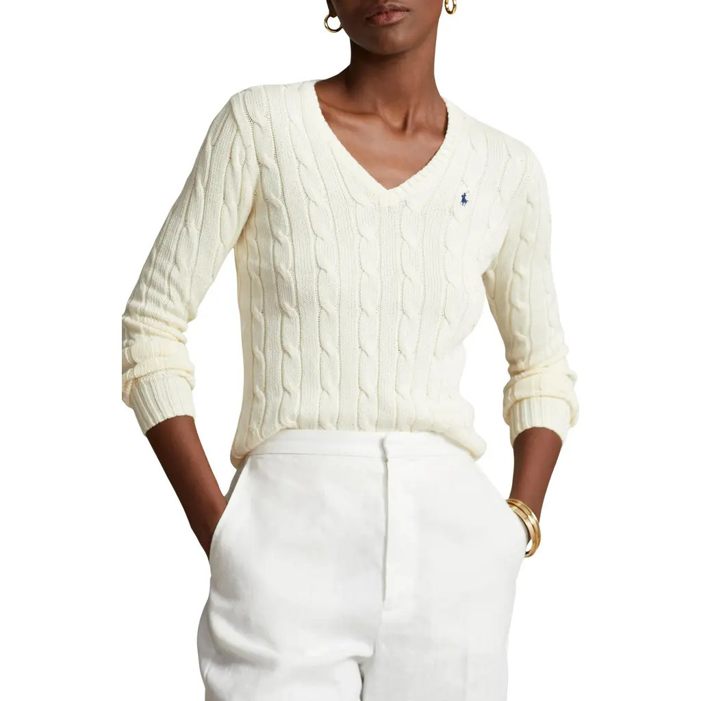 Polo Ralph Lauren Cable Cotton V-Neck Sweater in Cream at Nordstrom, Size Xx-Small | Nordstrom