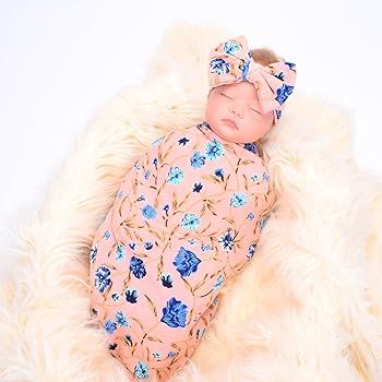 Newborn Receiving Blanket Headband Set Flower Print Baby Swaddle Receiving Blankets | Amazon (US)