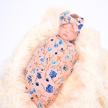 Newborn Receiving Blanket Headband Set Flower Print Baby Swaddle Receiving Blankets | Amazon (US)