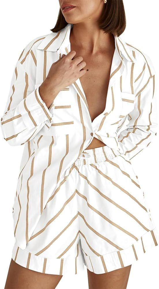 Women's Striped 2 Piece Outfits Casual Oversized Button Down Shirts and Short Lounge Pajamas Set | Amazon (US)