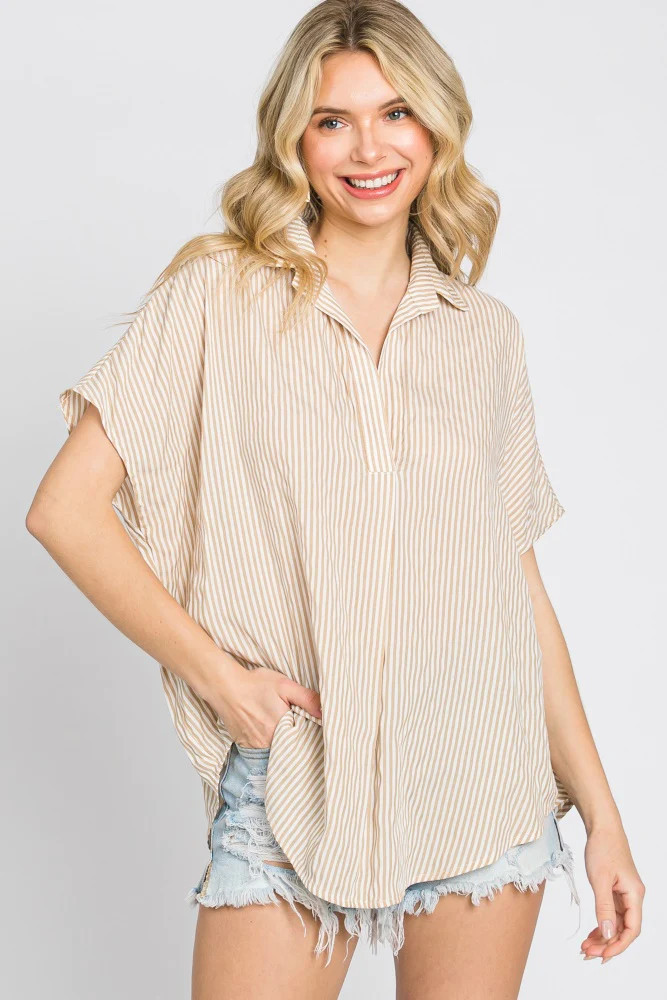 Beige Collared Short Sleeve Top | PinkBlush Maternity