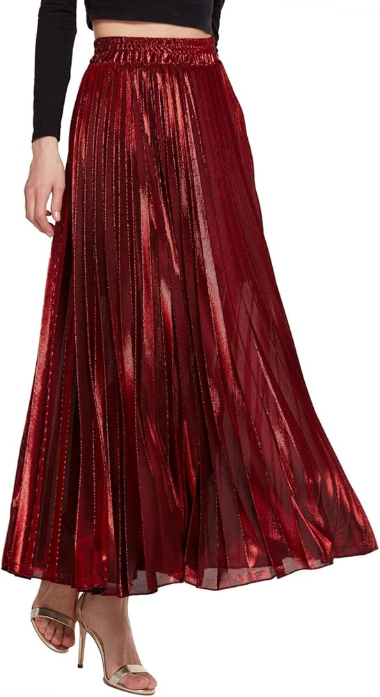 CHARTOU Women's Premium Metallic Shiny Shimmer Accordion Pleated Long Maxi Skirt | Amazon (US)