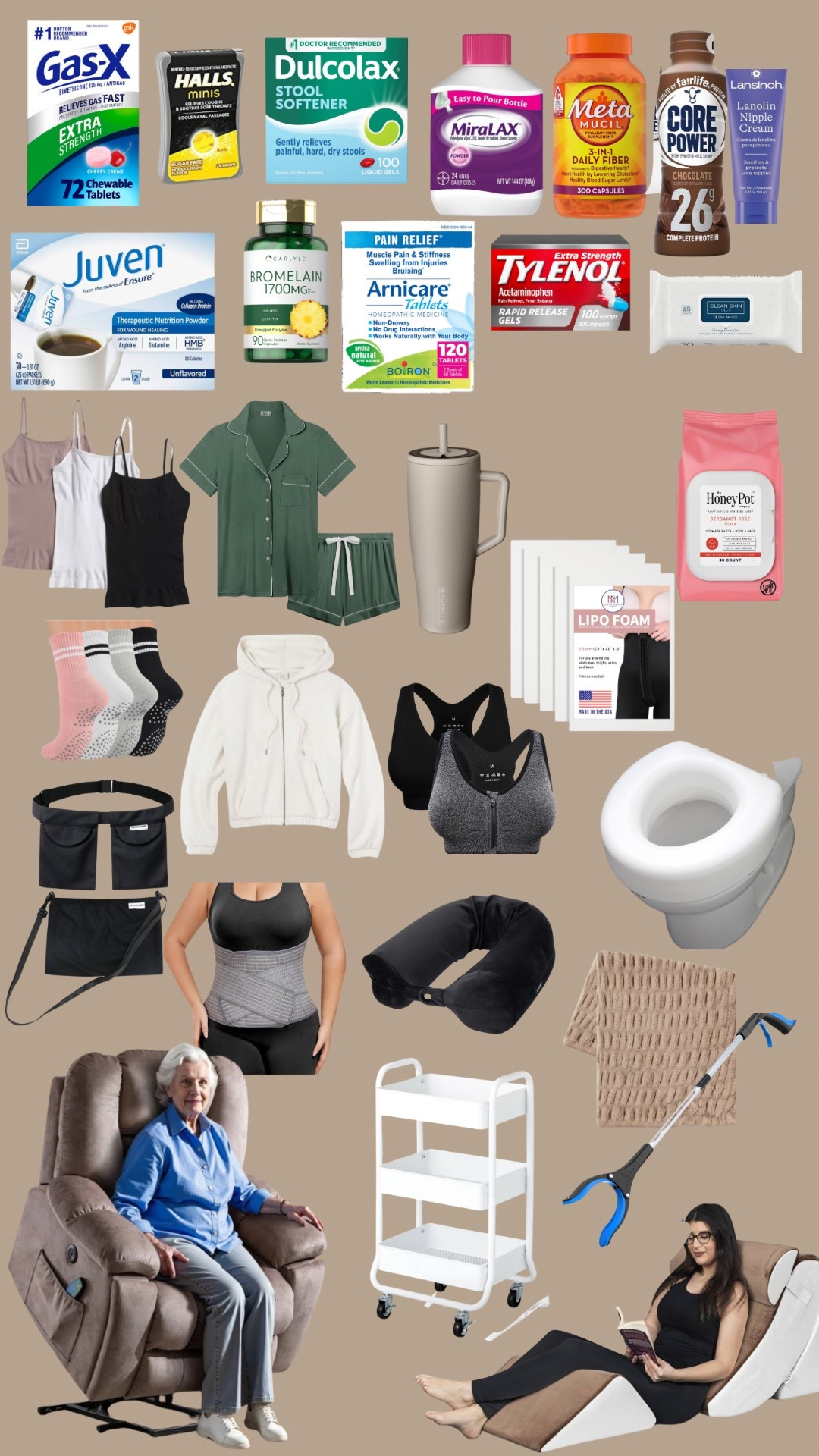 My post mommy makeover surgery (Day 1 - 2 week) Recovery must haves 

* I forgot to add tums to this collage but they were a must have for me and I added to the linked products!