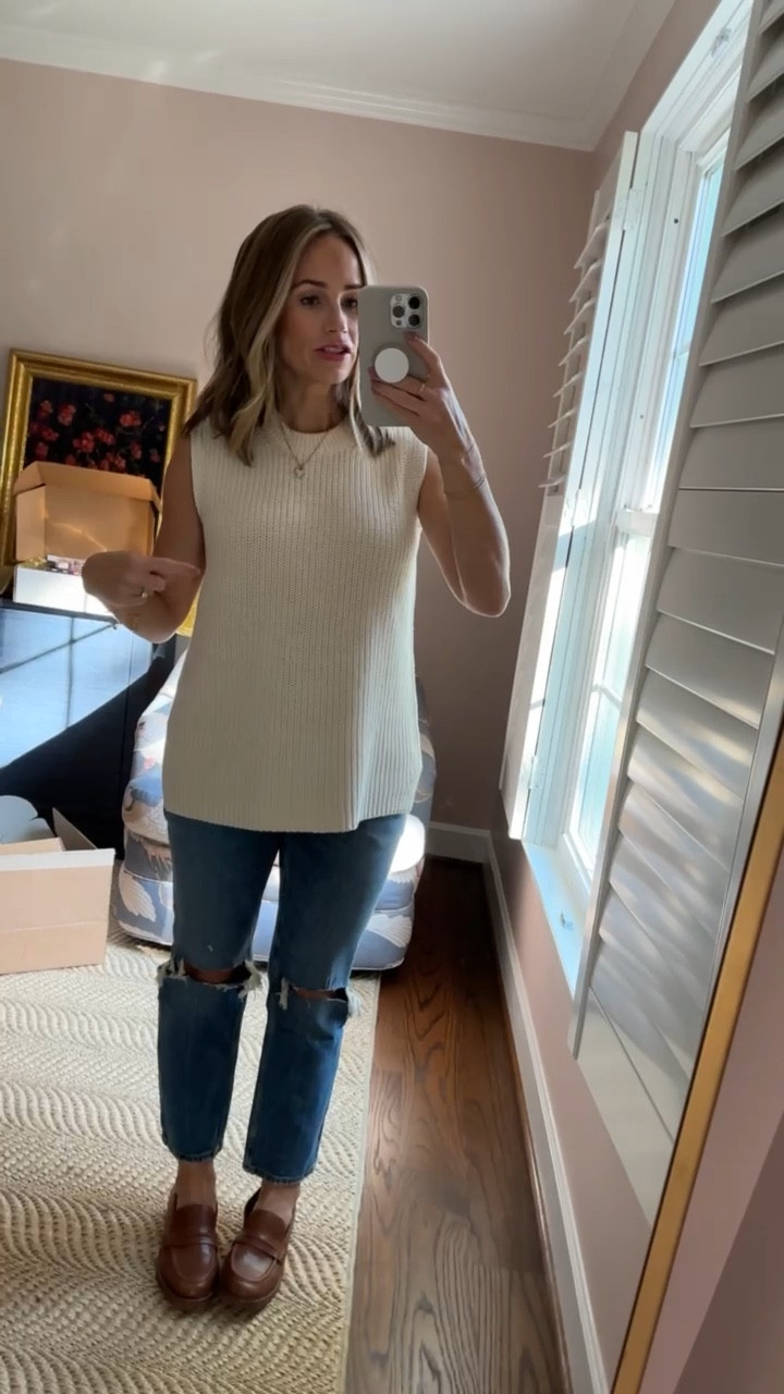 This sleeveless sweater from Madewell is SO flattering, not itchy at all, and works perfectly for a bump even though it’s not technically maternity. Wearing a size small.  My jeans are Abercrombie and they’re a true maternity. I went up one size from my regular and love them. My brown loafers are Madewell and so comfortable!   EVERYTHING I have on is on sale! Copy the codes below! 

#LTKbump #LTKSale #LTKSeasonal