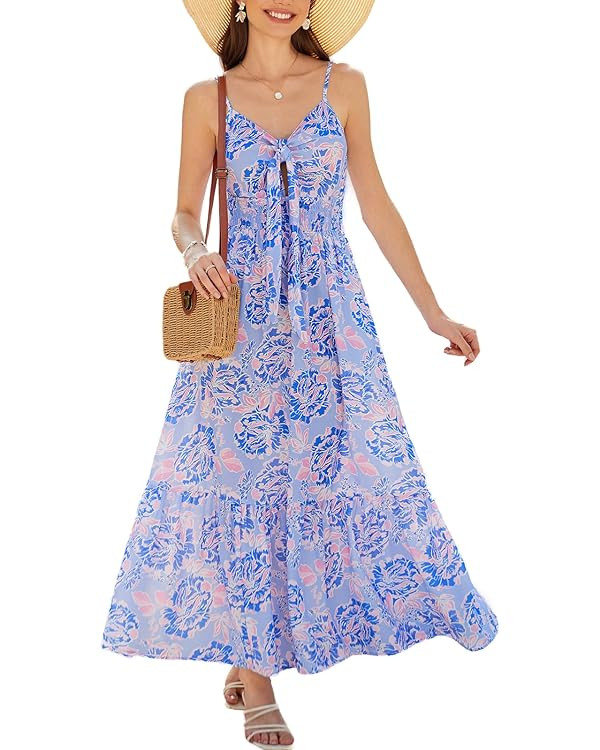 GRACE KARIN Women's 2024 Summer Beach Dress Floral V Neck Tie Front Spaghetti Strap Flowy Long Dr... | Amazon (US)