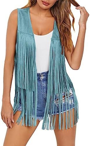 Dokotoo Womens Fringe Vest 70s Hippie Costume Sleeveless Faux Suede Tassel Leather Outerwear | Amazon (US)