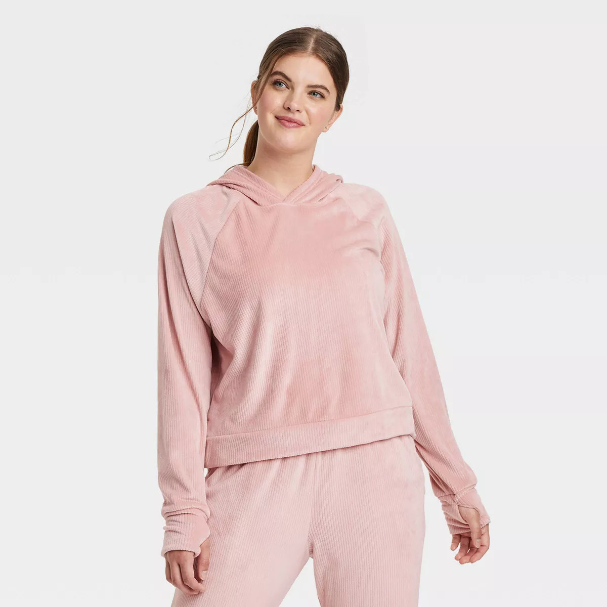 Women's Velour Ribbed Hooded Sweatshirt - All In Motion™ Light Mauve M | Target