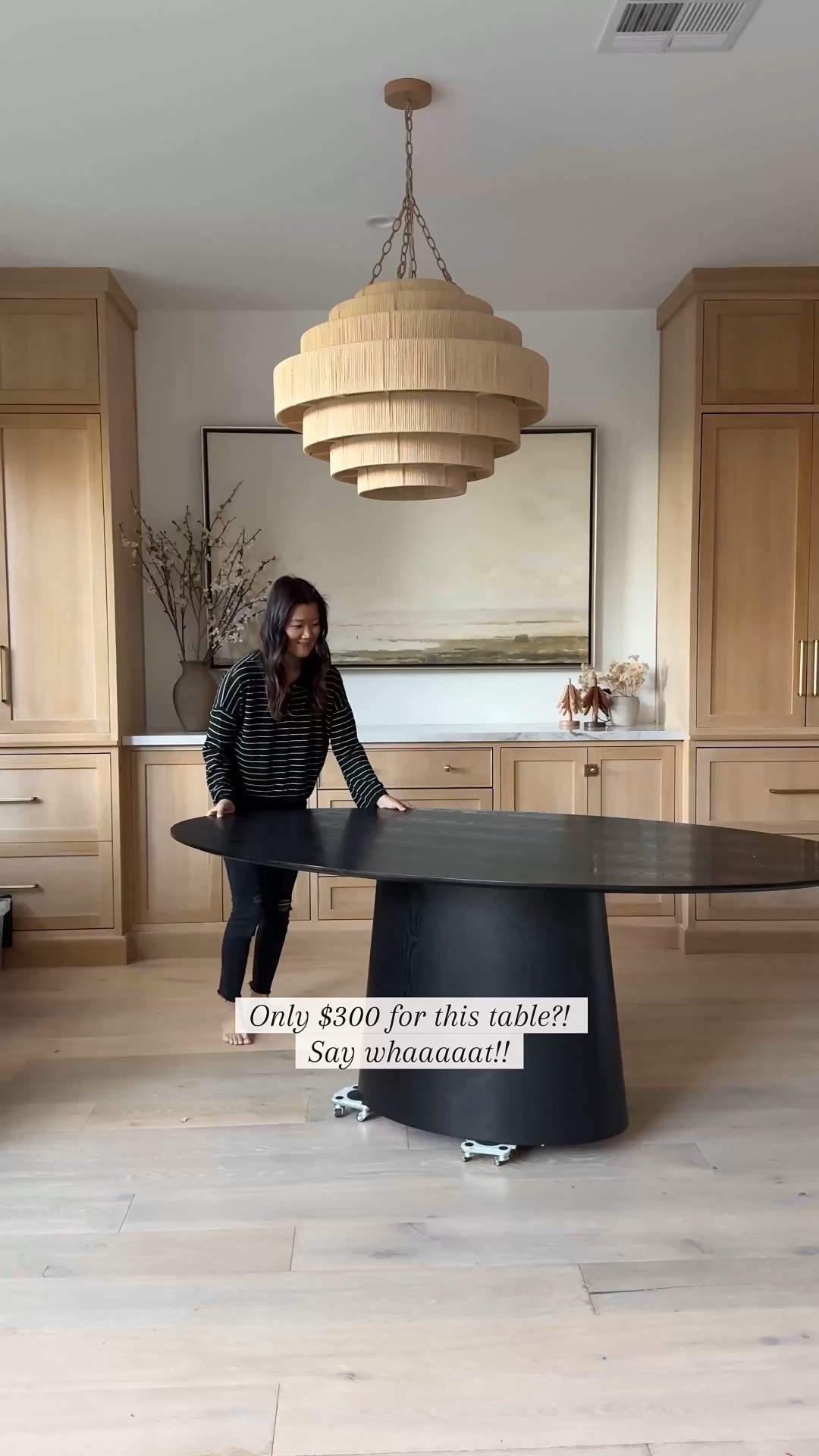 I can’t believe this table cost under $300. It looks so high-end! No one would ever know. It literally looks like a walnut finish. It’s so beautiful and I am shocked. All three colors are back in stock.



Oval black dining wood table brass chandelier abstract art wishbone chair. Brass hardware knob round  extendable, walnut dining table round table

#LTKSaleAlert #LTKFindsUnder100 #LTKHome