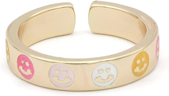 Amazon.com: Dainty Gold Happy Face Ring Open Adjustable Rings for 90s 1990 Inspired jewelry trend... | Amazon (US)