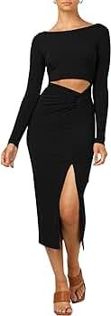 LYANER Women's Scoop Neck Cut Out Long Sleeve Split Hem Bodycon Midi Dress | Amazon (US)