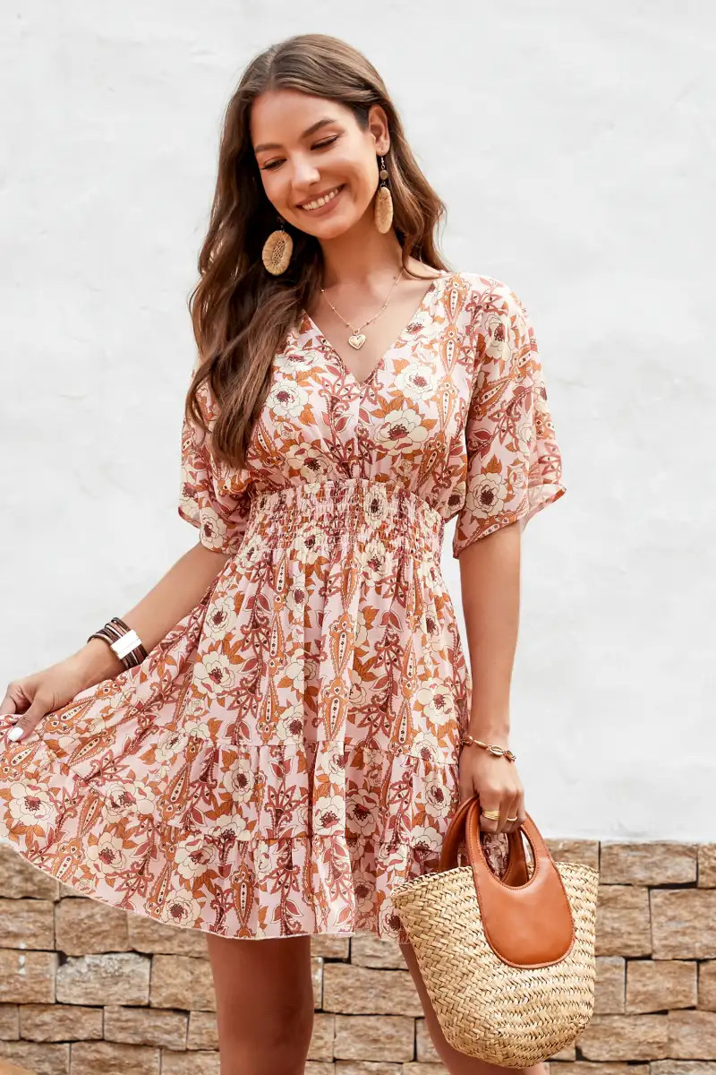 Georgia Floral Print V-Neck Mini Dress | Cupshe US
