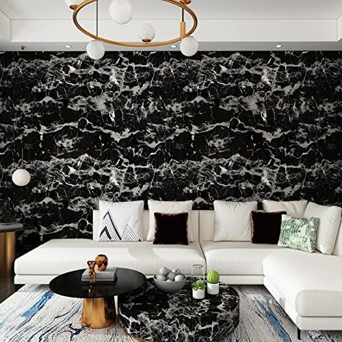 BOMENG Black Marble Contact Paper Peel and Stick Wallpaper Marble Adhesive Countertop Paper Glossy Textured Vinyl Stickers Waterproof Contact Paper for Furniture Bathroom Table Top 24 inch Wide | Amazon (US)