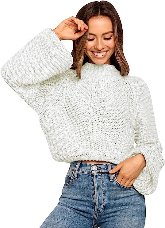 Miessial Women's Cable Knit Lantern Sleeve Sweater Pullover Casual Soft Crewneck Ribbed Sweater T... | Amazon (US)