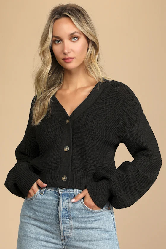 That Cozy Feeling Black Knit Button-Up Cropped Cardigan | Lulus (US)
