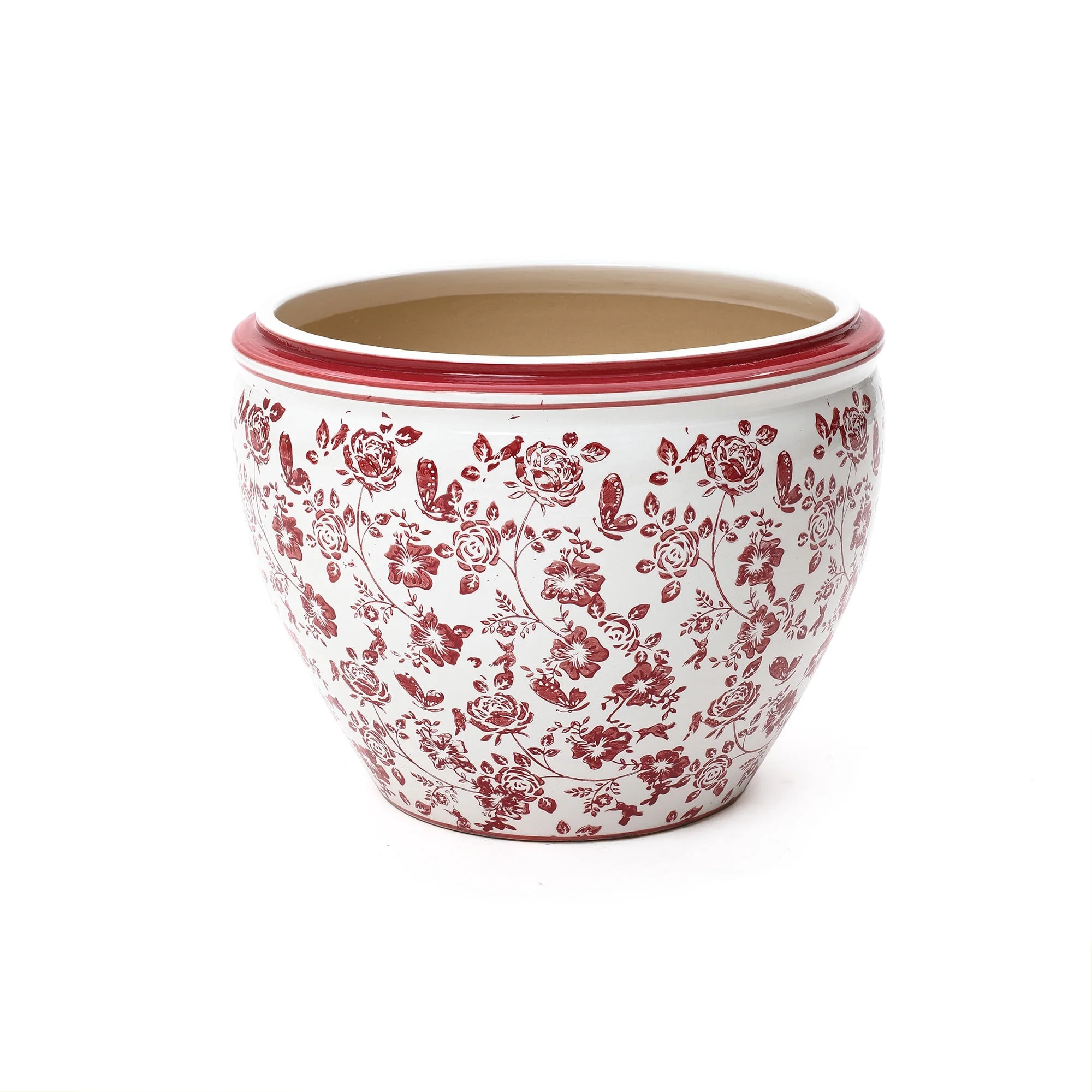 LuxenHome 17" Dia Red and White Round Planter Pot, Large Ceramic Flower Pot with Drainage - Walma... | Walmart (US)