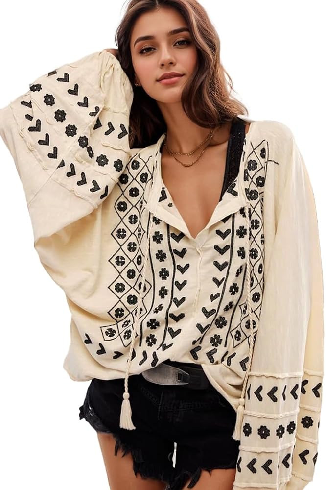 Kedera Womens Boho Embroidered Tops Floral Babydoll Tops Long Sleeve V Neck Peasant Blouses Mexic... | Amazon (US)