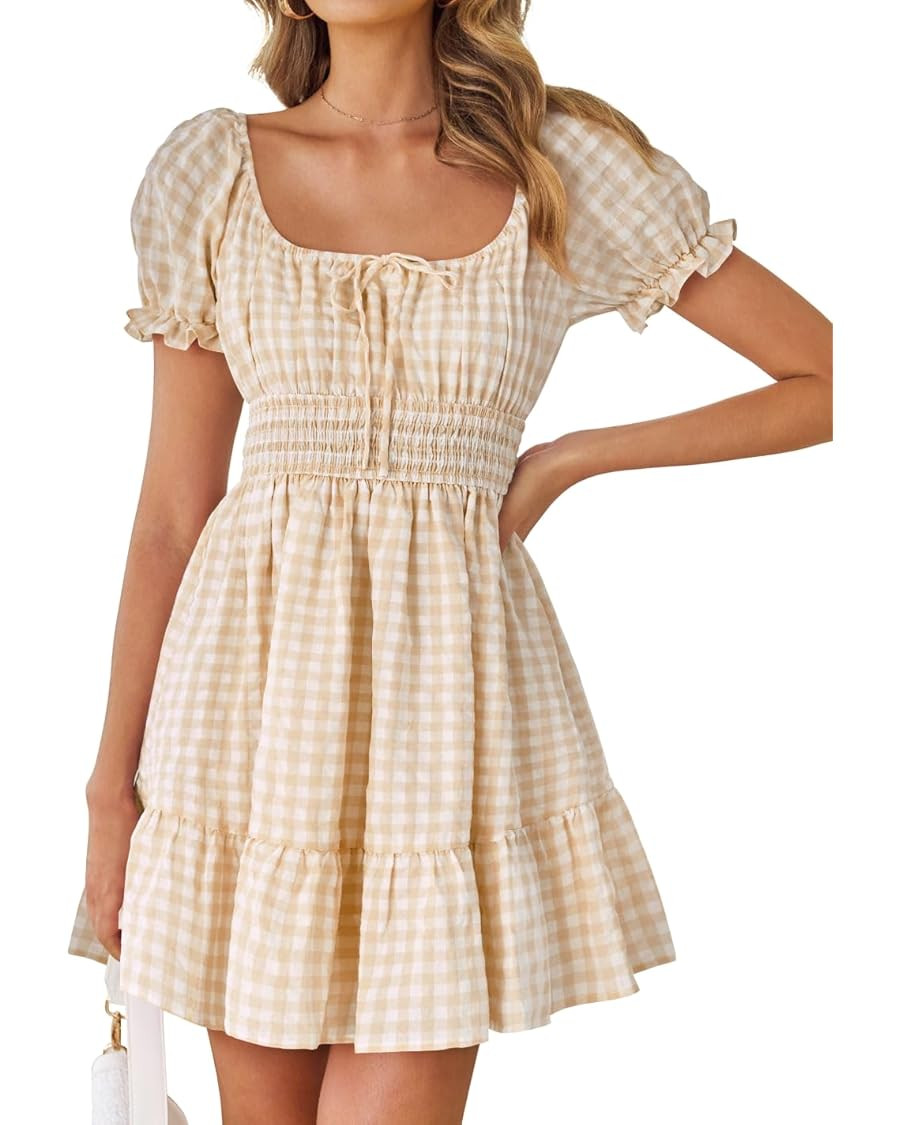 ZESICA Women's 2025 Summer Boho Plaid Mini Dress Square Neck Puff Short Sleeve Ruffle A Line Swin... | Amazon (US)