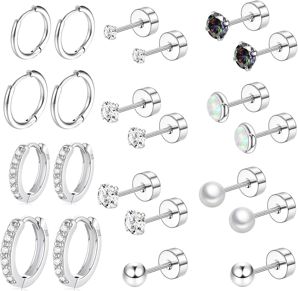 Surgical Steel Flat Back Earrings Set for Multiple Piercing Sensitive Ears,Sterling Silver Hypoal... | Amazon (US)