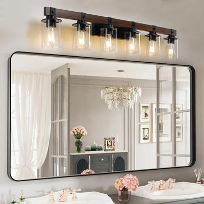 42" Rustic 6-Light Vanity Light, Industrial Bathroom Wall Sconce With Glass Shades And Wood Accent, Modern Farmhouse Lighting Fixture (No Bulbs) | Wayfair North America