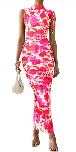PRETTYGARDEN Women's Summer Maxi Floral Dresses Ruched Bodycon Sleeveless Mesh Formal Wedding Guest Cocktail Split Long Dress (Floral White Pink,XXL) | Amazon (US)